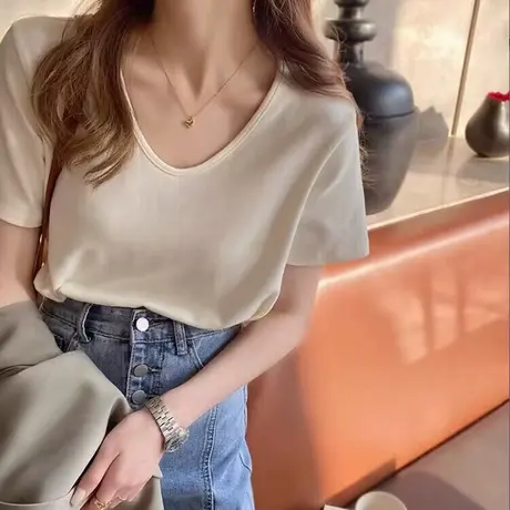 ins超火V领纯棉半截袖T恤女早春百搭韩版宽松显瘦纯色短袖上衣服图片