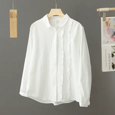 百搭小翻领纯棉白色衬衫女长袖2024春秋季女装上衣简约打底衫衬衣图片