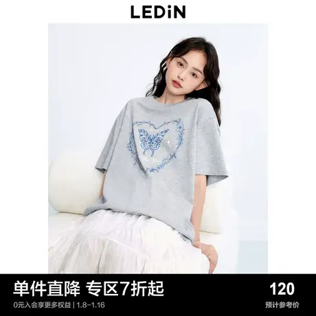 乐町新品韩版宽松上衣女潮2023秋季新款女装灰色蝴蝶休闲短袖T恤图片