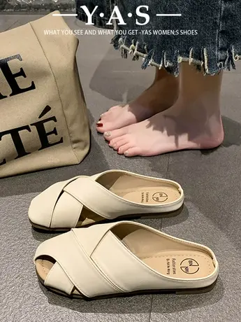 懒人鱼嘴包头半拖凉鞋女夏季2024新款时尚外穿镂空复古平底穆勒鞋商品大图