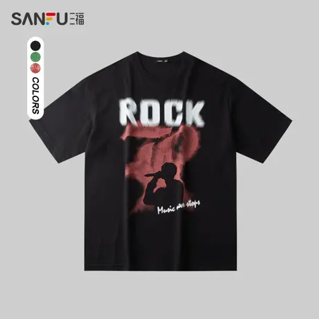 三福2024夏季男士字母人像短T恤 街头潮流圆领阔版上衣483371商品大图