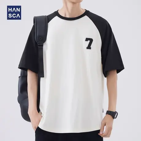 hansca 美式圆领短袖T恤男夏季新款260g重磅水洗插肩拼色休闲上衣图片