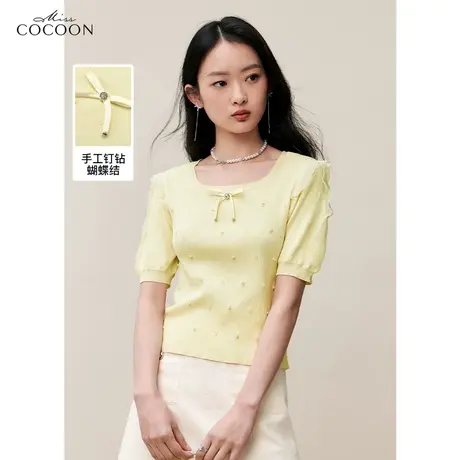 missCOCOON木耳边钉珠短袖针织上衣女2023夏装新款温柔风气质毛衫商品大图