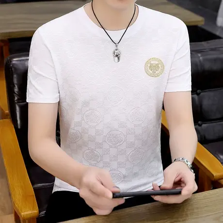 冰丝短袖男夏季休闲透气潮牌烫钻重工提花仿桑蚕丝高端薄款体恤衫商品大图