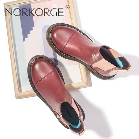 原创新款手工美式复古酒红色切尔西靴女靴真皮圆头厚底增高小短靴商品大图