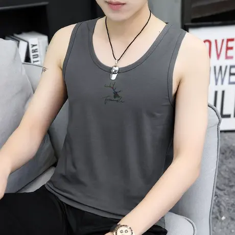 莫代尔背心男夏季冰丝速干凉感无袖t恤鹿头印花健身运动坎肩吊带商品大图