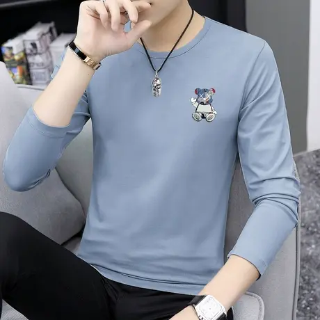 莫代尔小熊t恤男长袖秋季修身内搭上衣服潮流圆领打底衫薄款体恤商品大图
