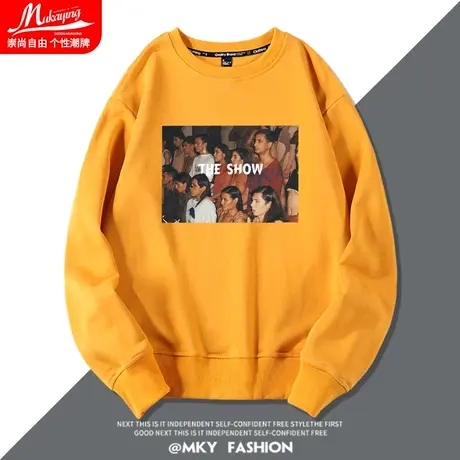 黄色美式复古嘻哈hiphop卫衣男士圆领长袖青少年时尚潮牌宽松衣服图片