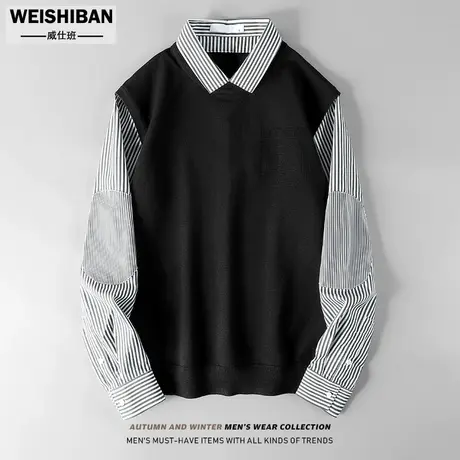 潮流港风针织衫毛背心衬衫领假两件上衣男士23秋冬新款衬衣袖毛衣商品大图