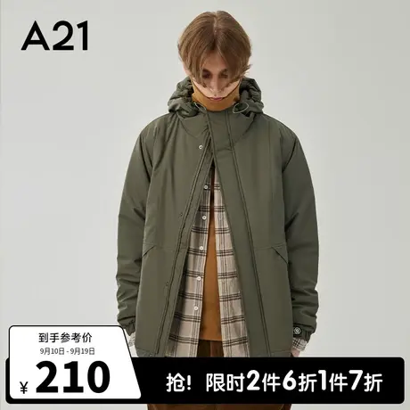 A21outlets秋冬男装连帽长袖夹棉外套黑色保暖青年男士棉衣潮保暖商品大图