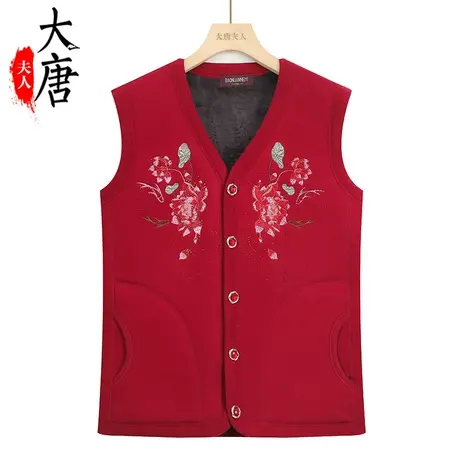 中老年人秋冬加绒保暖马甲奶奶加厚马夹开衫妈妈绣花背心口袋上衣商品大图