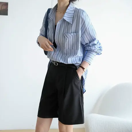 嘉茱莉2023春季新款复古港风条纹衬衫女显瘦内搭上衣韩系叠穿衬衣商品大图
