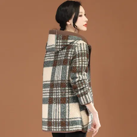 冬上新】2023冬季新款复古中长款连帽格子羊羔毛外套女毛呢大衣图片