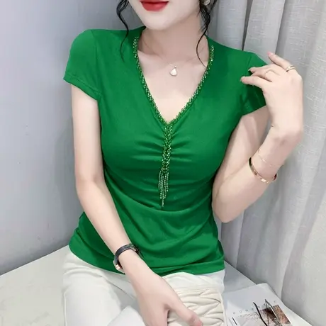 性感V领钉珠T恤女短袖欧货洋气褶皱上衣百搭修身小衫纯色个性半袖商品大图
