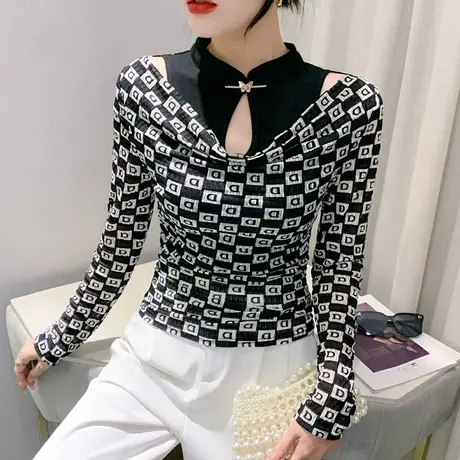 性感镂空上衣女长袖初秋欧货设计感假两件印花T恤网纱拼接打底衫商品大图