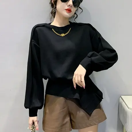 不规则下摆卫衣女设计感小众春秋宽松遮肚上衣长袖气质百搭打底衫图片
