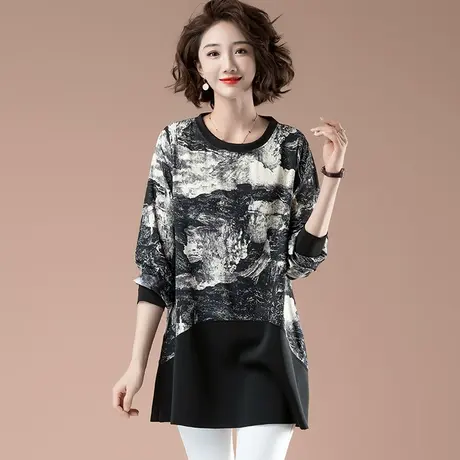 大码打底衫女胖mm遮肚子显瘦上衣洋气2023新款秋季女装印花中长款图片