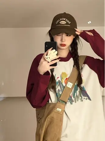 爆款酒红杏色插肩长袖t恤女2023秋冬新款宽松显瘦洋气减龄上衣潮图片