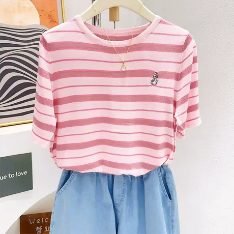 韩代款冰丝短袖上衣2023夏季减龄气质粉条纹针织衫T恤小个子显高图片