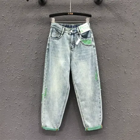 时尚绿色底破洞牛仔裤女23春夏新款半松紧腰个性宽松哈伦裤老爹裤图片