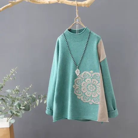 文艺范民族风提花半高领针织衫毛衣女冬季新品宽松打底慵懒风上衣图片
