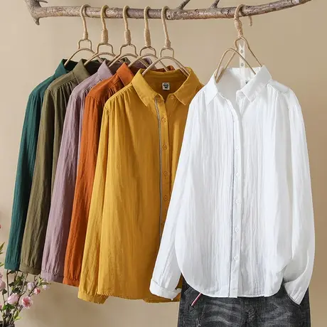 双层棉纱衬衫女长袖外贸出口日单柔软亲肤纯棉文艺褶皱打底衫上衣图片