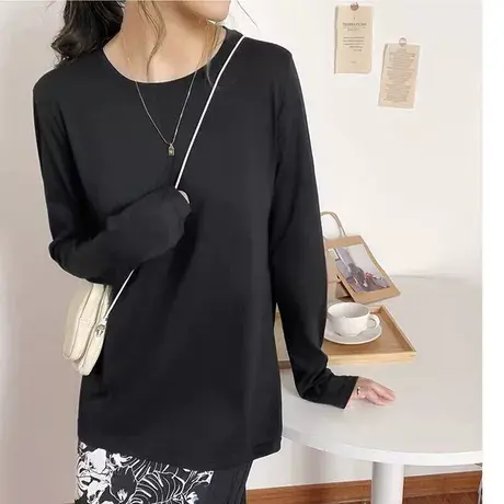 2023年新款春秋长袖T恤女装黑白色宽松百搭打底衫ins潮内搭学生服图片