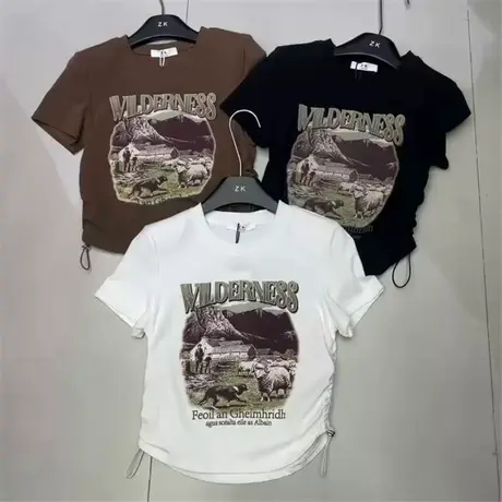 十三行夏季新款休闲百搭ZK印花字母动物垫肩短袖抽绳短款T恤修身商品大图