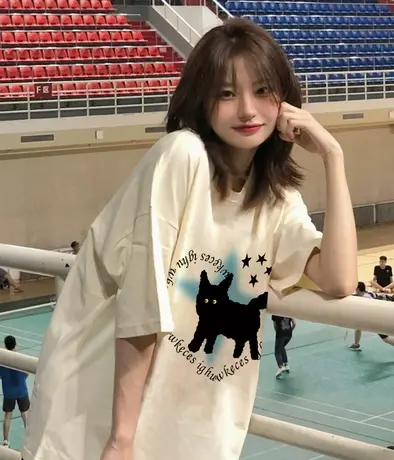 纯棉设计感印花高街短袖t恤女夏季新款小众港味chic宽松半袖上衣商品大图