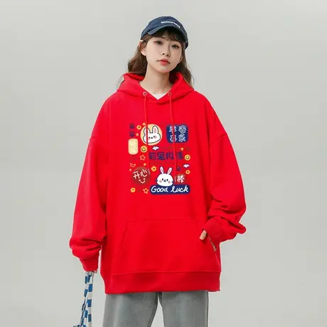 国潮兔年本命年红色卫衣女2023新款秋冬加绒加厚ins潮牌宽松外套商品大图