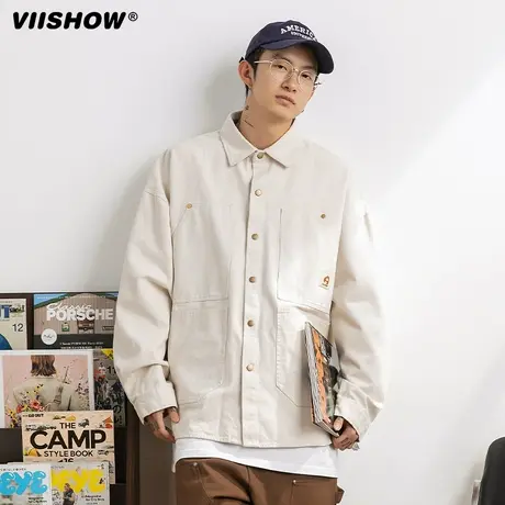 VIISHOW衬衫男长袖美式潮牌重磅纯棉工装外套高级感复古休闲衬衣商品大图