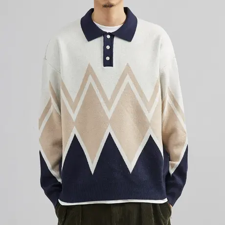 菱形提花加厚翻领雅痞男士毛衣柔软垂感2022秋季长袖针织衫韩版潮商品大图