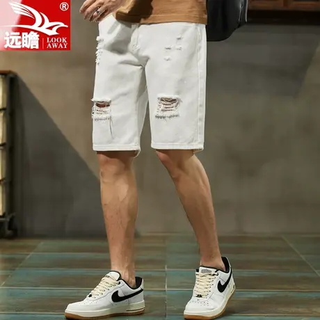 白色五分牛仔短裤男韩版破洞宽松夏季薄款2023新款男士休闲中裤子商品大图