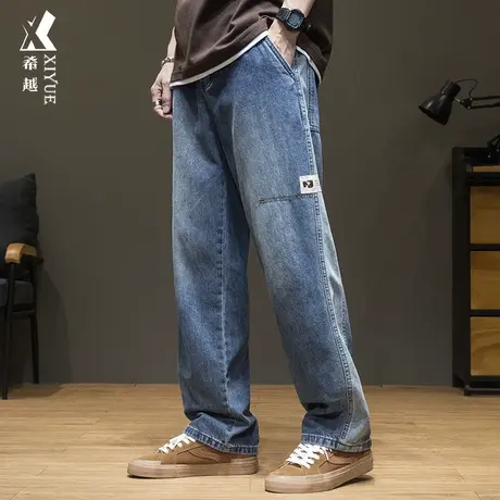 希越美式复古拼接牛仔裤男2023秋冬新款垂感显高宽松大码直筒裤子商品大图