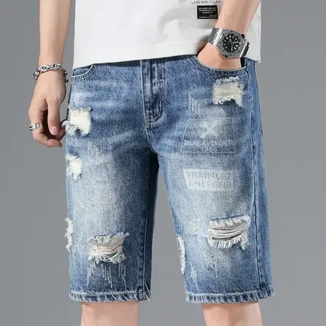 青少年广州新塘镇高端痞帅破洞乞丐休闲牛仔短裤男士宽松外穿中裤商品大图