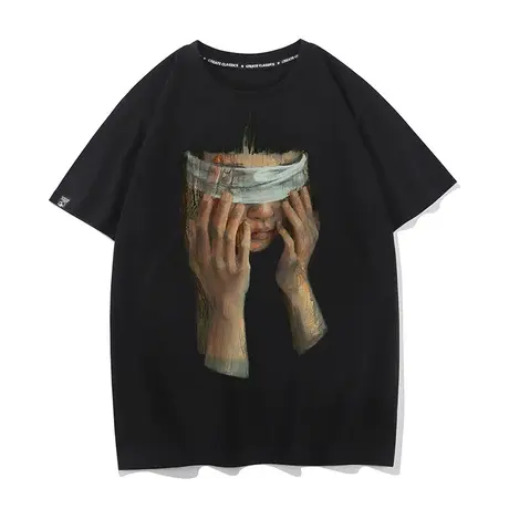 秀洛反战油画周边短袖男款夏季重磅纯棉上衣美式国潮痞帅高街t恤图片