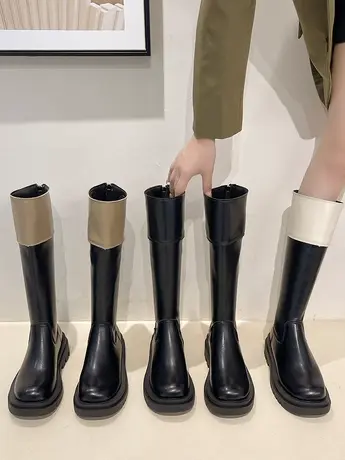 长筒靴女秋冬2023年新款小个子小众拼色厚底粗腿显瘦高筒骑士靴子图片