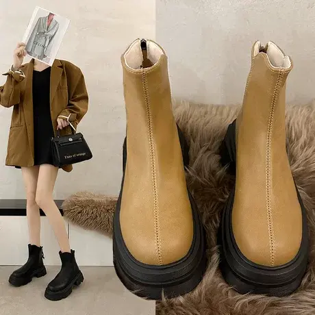 马丁靴女英伦风2023新款秋冬四季厚底后拉链烟筒瘦瘦米切尔西短靴图片