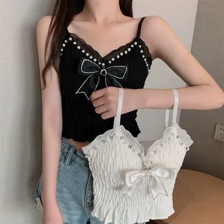 蝴蝶结吊带女2023春夏季设计感内搭性感美背外穿蕾丝带胸垫女背心图片