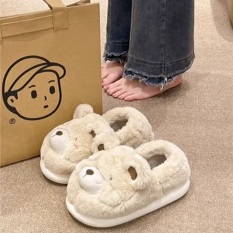 月子棉拖鞋女冬天卡通可爱小熊毛绒室内居家厚底防滑包跟保暖棉鞋图片
