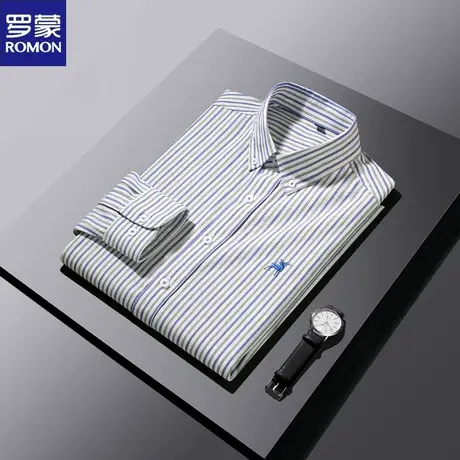 罗蒙100%棉条纹长袖衬衫男士纯棉刺绣青年休闲时尚春秋季衬衣寸衫商品大图