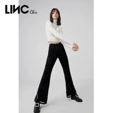 LINC金羽杰裤子女新款丝绒提花微喇轻奢针织裤女显瘦裤装2032227商品大图
