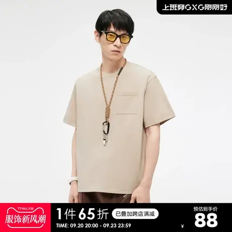 GXG奥莱23年夏新品潮流简约百搭明线设计精美刺绣圆领短袖T恤商品大图