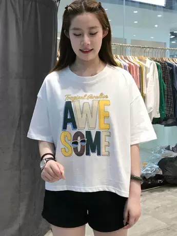 撞色字母印花短袖T恤女夏季薄款宽松显瘦时尚百搭圆领半袖上衣潮商品大图