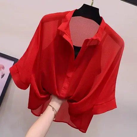 夏装雪纺衫吊带两件套2023新款女上衣蝙蝠袖韩版显瘦短袖衬衫上衣商品大图