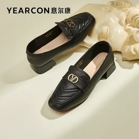 意尔康女鞋2023春季新款真皮乐福鞋女粗跟中跟羊皮小皮鞋英伦单鞋商品大图