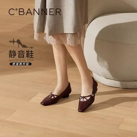 千百度复古粗中跟浅口单鞋女款2025春季新款通勤真皮通勤晚晚鞋商品大图