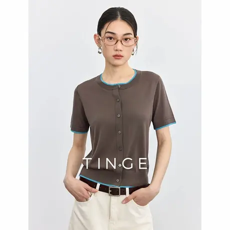 TINGE贴己莱赛尔撞色天丝透气凉感针织短袖T恤女春夏假两件上衣商品大图