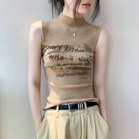半高领无袖针织背心女2025秋冬新款修身字母印花羊毛内搭打底上衣商品大图