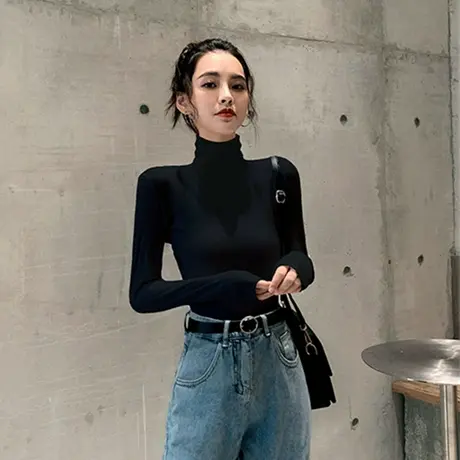 2023秋冬季新款白色内搭加绒德绒洋气半高领打底衫长袖t恤女上衣图片